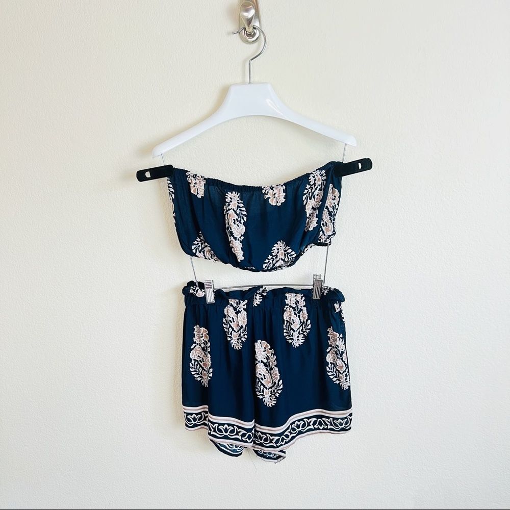 Navy Blue Floral Paisley Bandeau & Ruffle Shorts Set